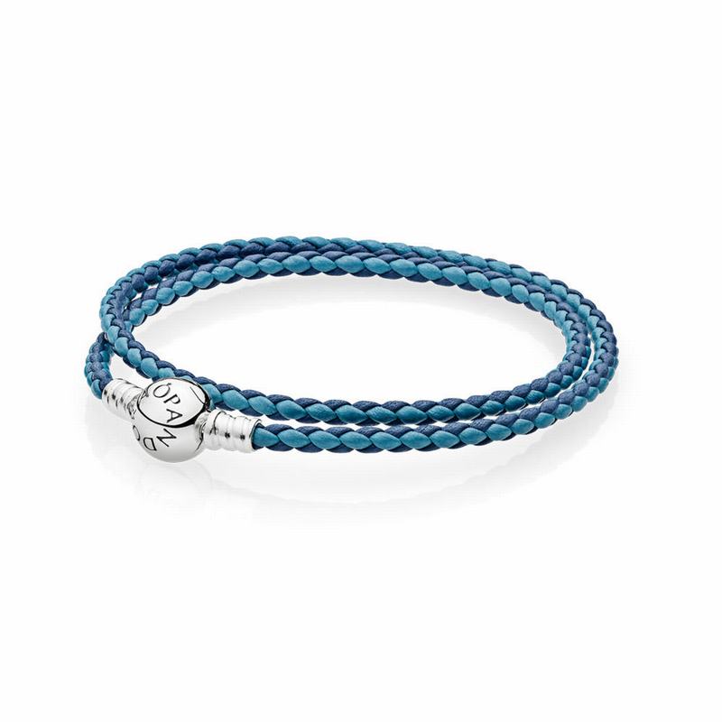 Pandora Mixed Blue Woven Double-leather Charm Bracelet Ireland - Sterling Silver/Leather/Blue - 7342